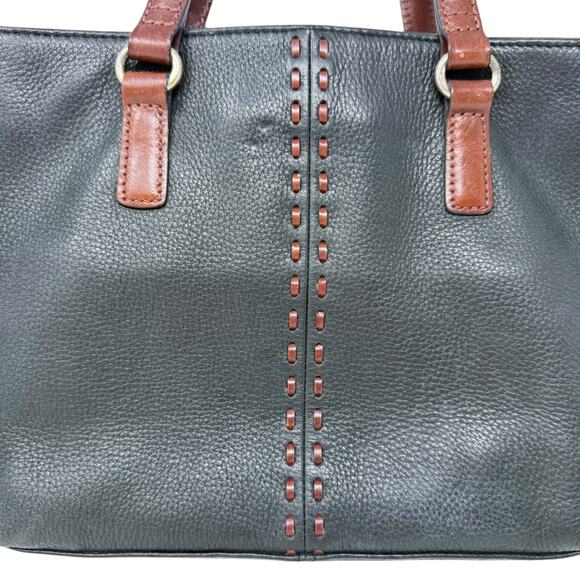 Vintage Fossil Black Leather Shoulder Bag Brown Leather Stitching Double Handles - Picture 3 of 6